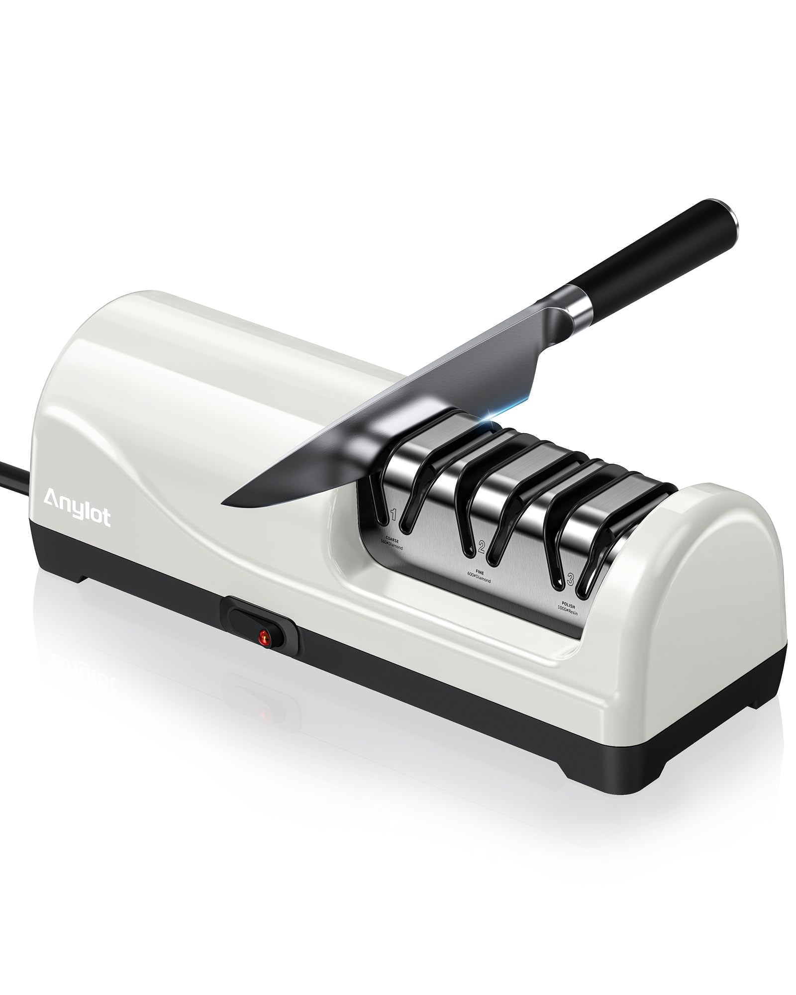 Kitchen Electric Knife Sharpener, 3-Stage Diamond Knife Sharpener Electric with 20° Precision Angle Guide, Fast & Safe Sharpening for Kitchen Knives, Home Use & Beginners (White)