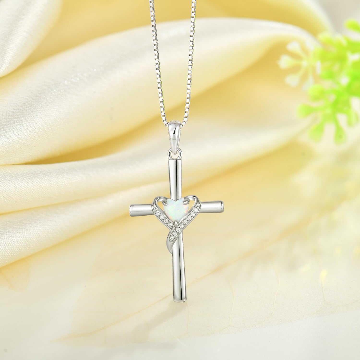 Opal Cross Necklace or Women 925 Sterling Silver Heart Cross Pendant Necklace Birthday Christmas Jewelry - Image 2