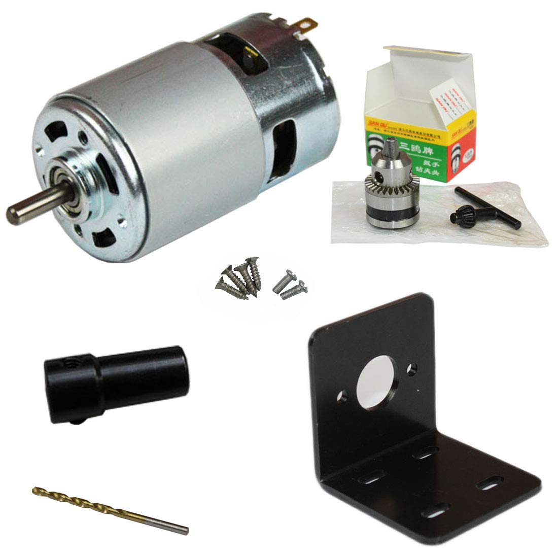 Abovehill 775 DC Motor Set 12V-24V 6000-12000RPM Ball Bearing Motor for Electrical Tools +Motor Bracket +Drill Chuck+Bushing+4mm Drill: Tools & Home Improvement