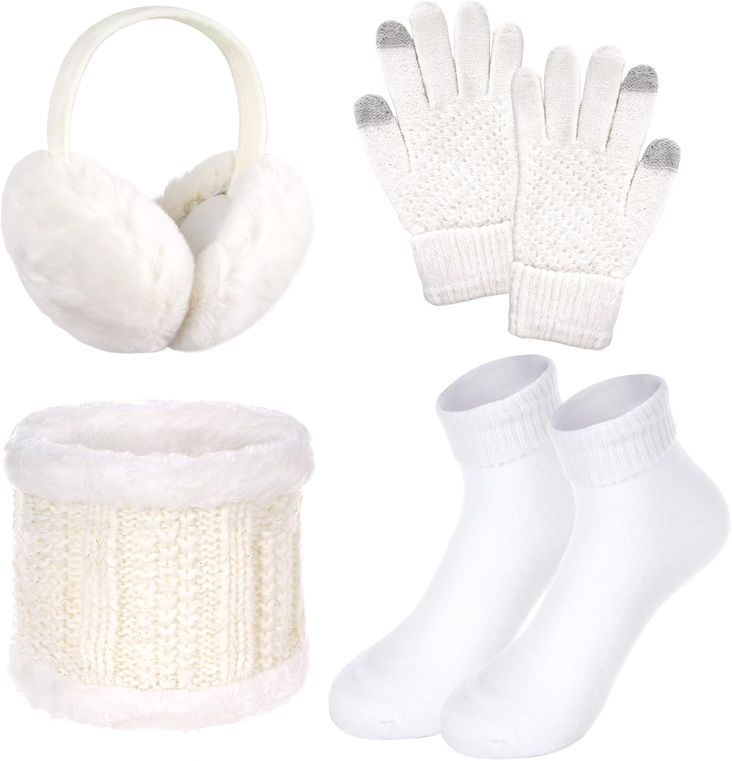 Winter Earmuffs Scarf and Gloves Set, Fuzzy Ear Muffs Fleece Lined Neck Warmer Knit Gloves and Socks for Women