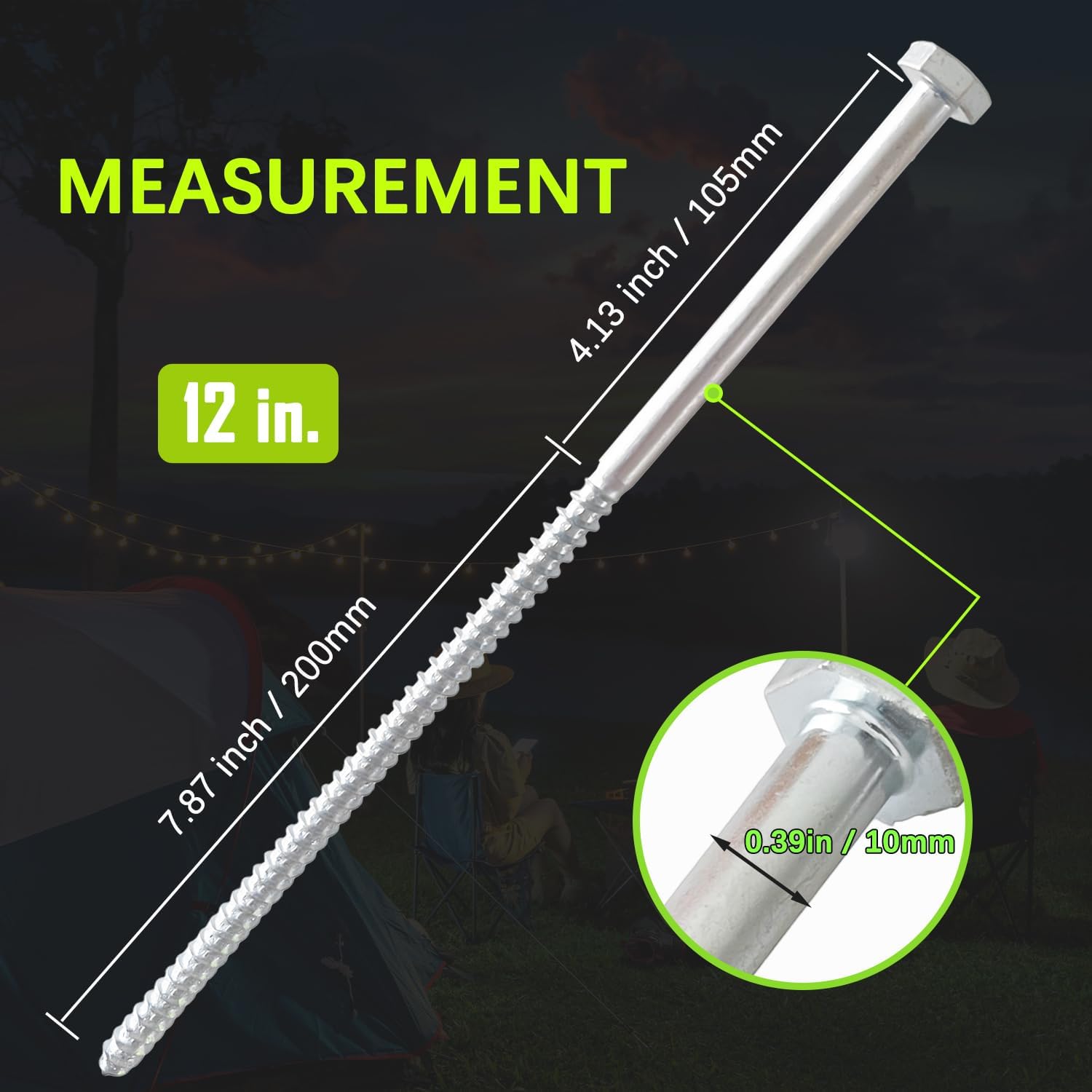 6pcs 3/8 x 8 and 6pcs 3/8 x 12 Heavy Duty Camping Ground Anchors, Non-Rust Tent Stakes Screw in Kit for Securing Animals, Trampoline, Carports, Canopies, Sheds, Swing Sets for High Winds