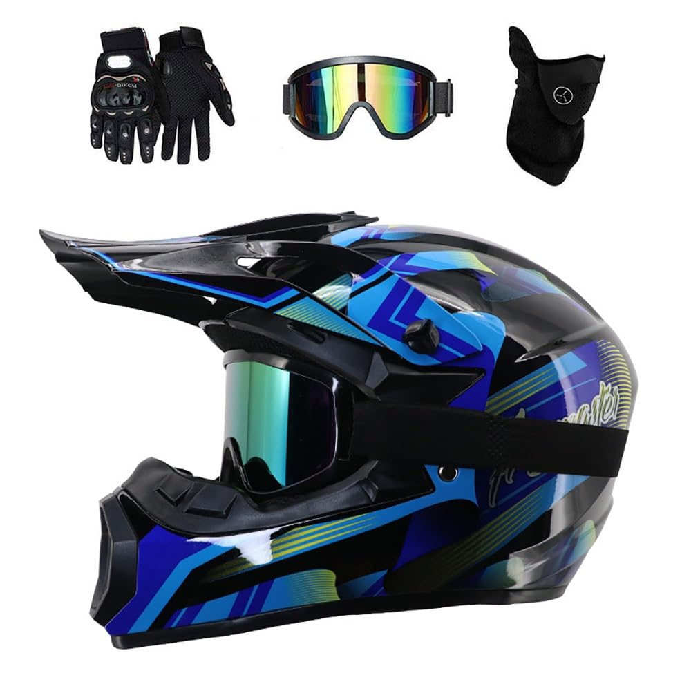 Full Face Motocross Helmet, with Goggles Gloves Mask, Youth Kids Off Road Sport ATV Scooter Motorbike Crash Helmet, Downhill Enduro MTB BMX Racing Quad Dirt Bike Helmets(Z3,XL/59-60CM)