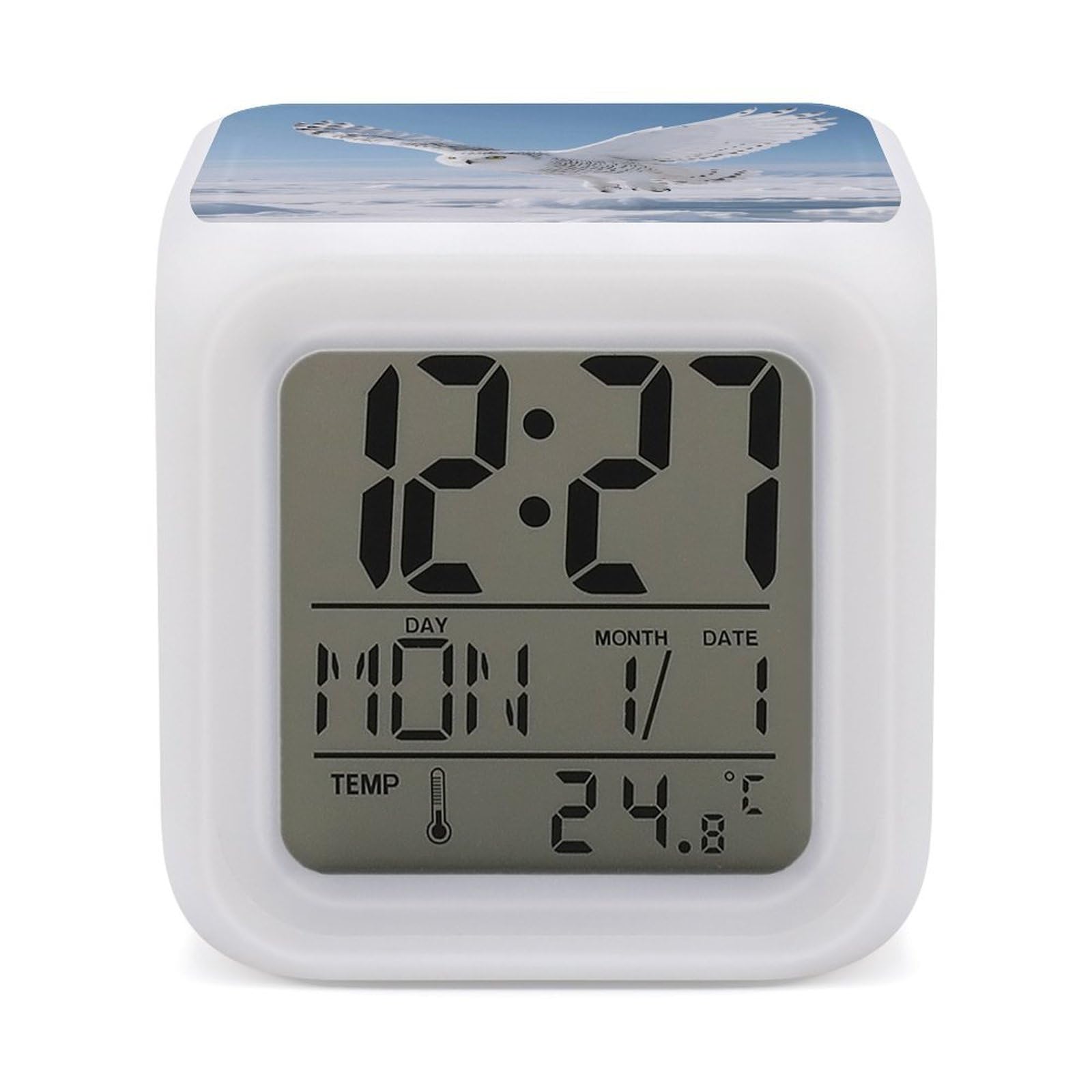 VstaDank White Snowy Owl Alarm Clock with Date Temperature Large LED Display Number Clocks with 7 Colors Changing Desk Clock Battery Operated Digital Clocks with Date for Heavy Sleepers