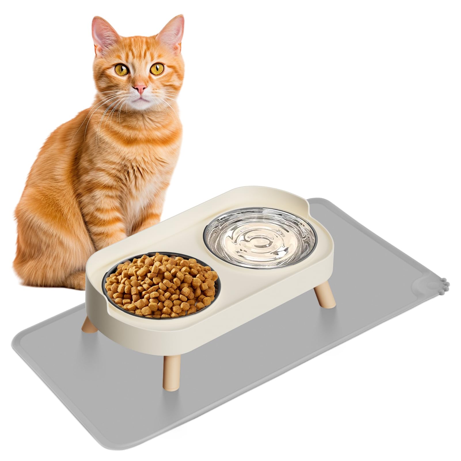 Elevated Cat Bowl with Food Mat, Raised Cat Food and Water Bowl Set for Indoor Cats, Splash Proof with 2 Stainless Steel Pet Food Bowls for Cats and Puppies,Whisker Fatigue and Dishwasher Safe (White)