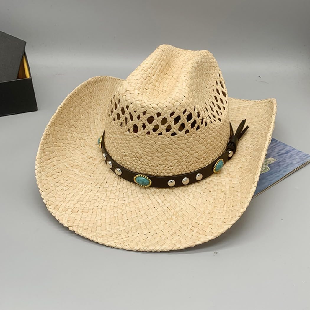 Western Cowboy Hat, Natural Straw with Turquoise Studded Band, Vented Crown