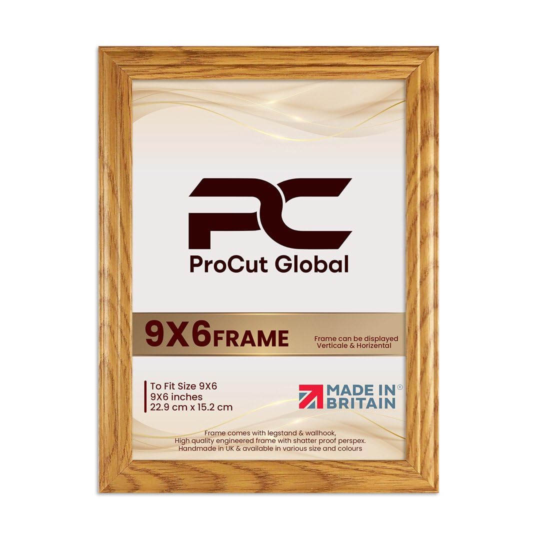 Procut Global 9x6 Oak Picture Frames - Classic Wooden Photo Frame with Shatterproof Perspex for Wall or Tabletop - Perfect for Posters, Certificates & Prints - Sizes & Colors Available