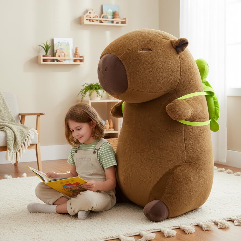 Capybara Peluche XXL 100 cm – Gran Peluche Suave Kapibara 3 en 1 cojín y decoración – Gigante para niños y Adultos (Capybara con Tortuga)