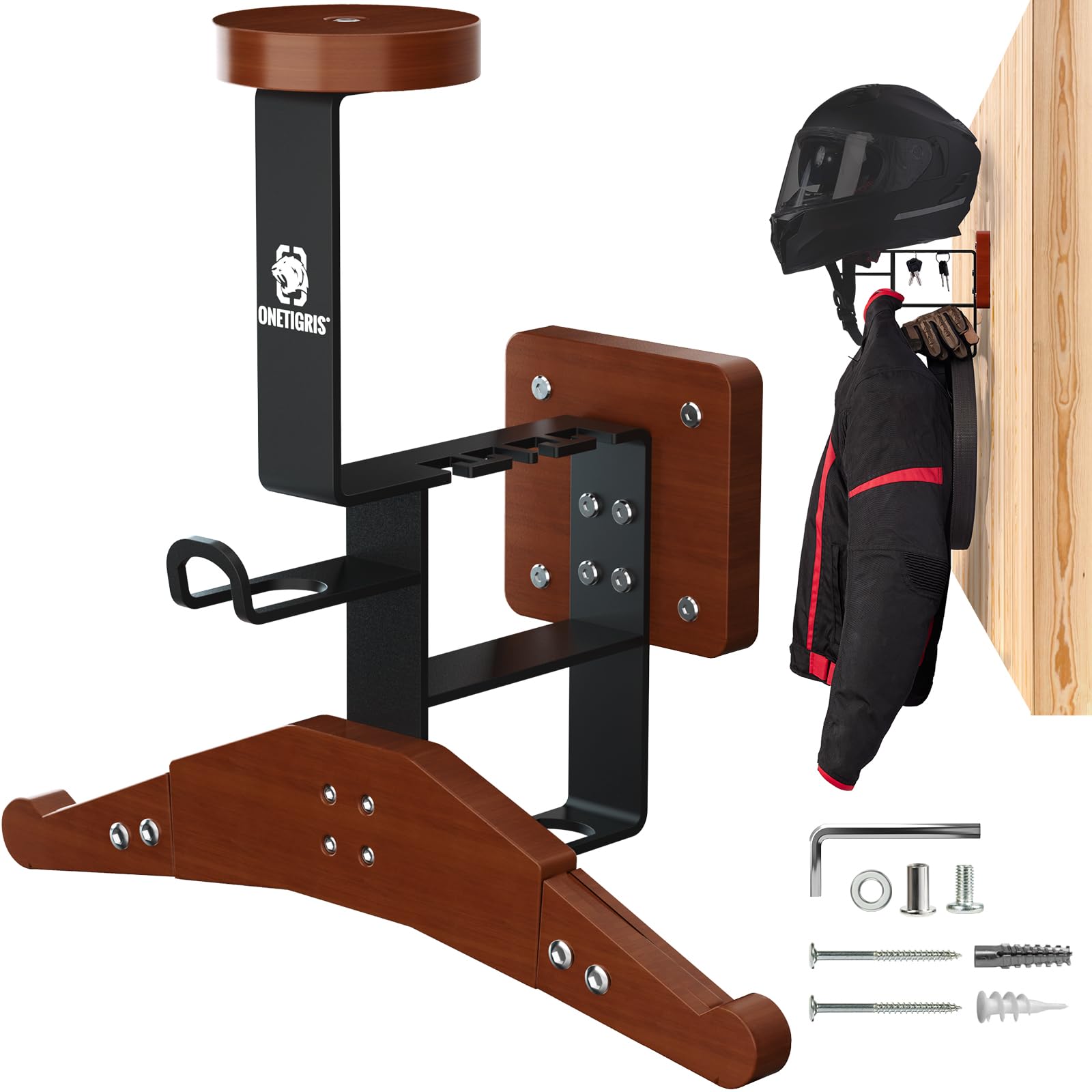OneTigris Support Mural Casque Moto 2.0 – Porte-Casque Ultra Robuste 80KG, Bois & Métal, Cintre Extensible, Double Crochets pour Gants/Lunettes, Gain de Place pour équipement Moto, Vélo & Airsoft