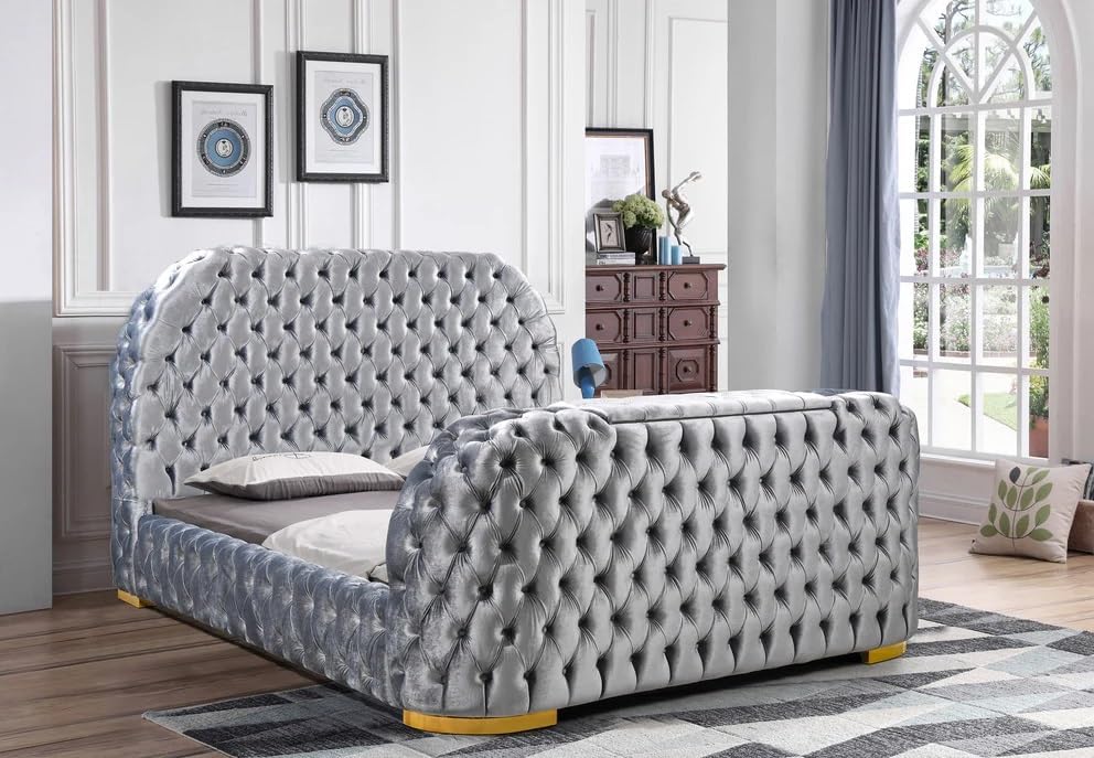 First of a Kind Leon Velvet Queen Bed Frame with TV Stand & Fireplace in Footboard, Luxury Upholstered Velvet Tufted Bed with Golden Legs, Tufted Beds, Bedframe with TV in Footboard, Black