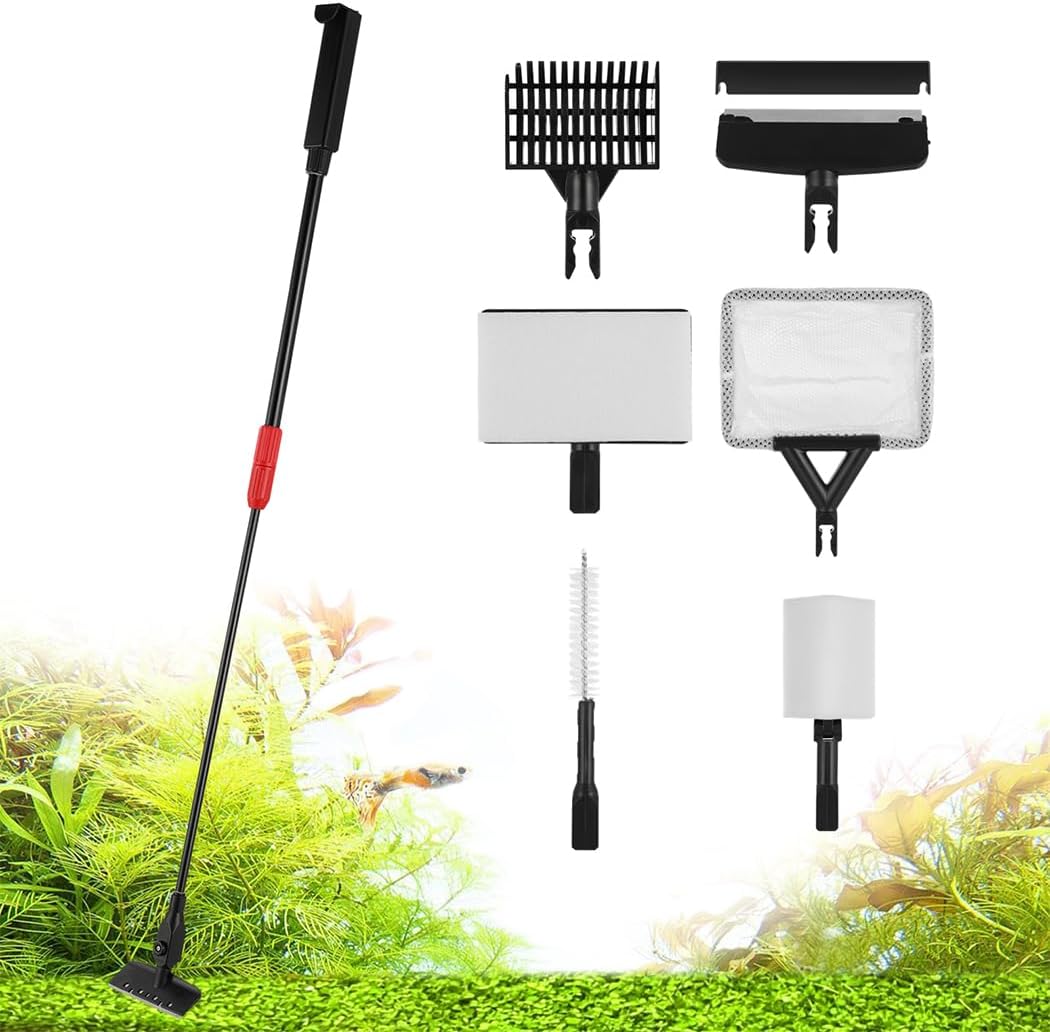 Algae Scraper, Fish Net, Sponge Brushes, Algal Brush & Sand Rake Included, Aquarium Cleaning Tools, 6-in-1 Telescopic Fish Tank Cleaner Kit with 34 in Adjustable Handle