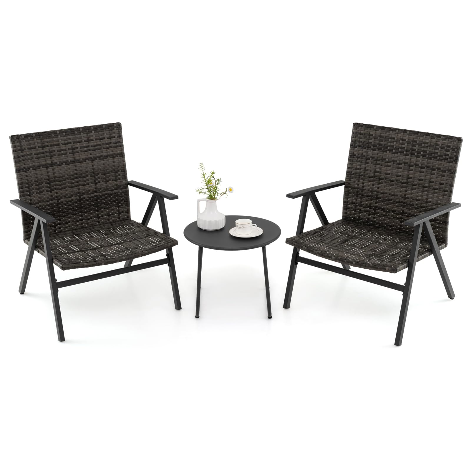 COSTWAY Set Tavolino e 2 Sedie da Giardino con Braccioli in Metallo | Salottino da Giardino Esterno con Schienale e Seduta in Rattan per Balcone, Veranda e Bordo Piscina