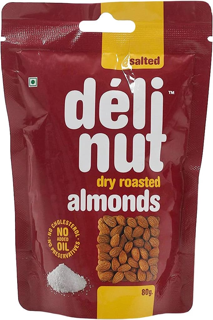 Delinut Premium Almonds - 80 Grams Pouch – Salted Dry Roasted Almonds – Hygienically Packed – Salted Almonds