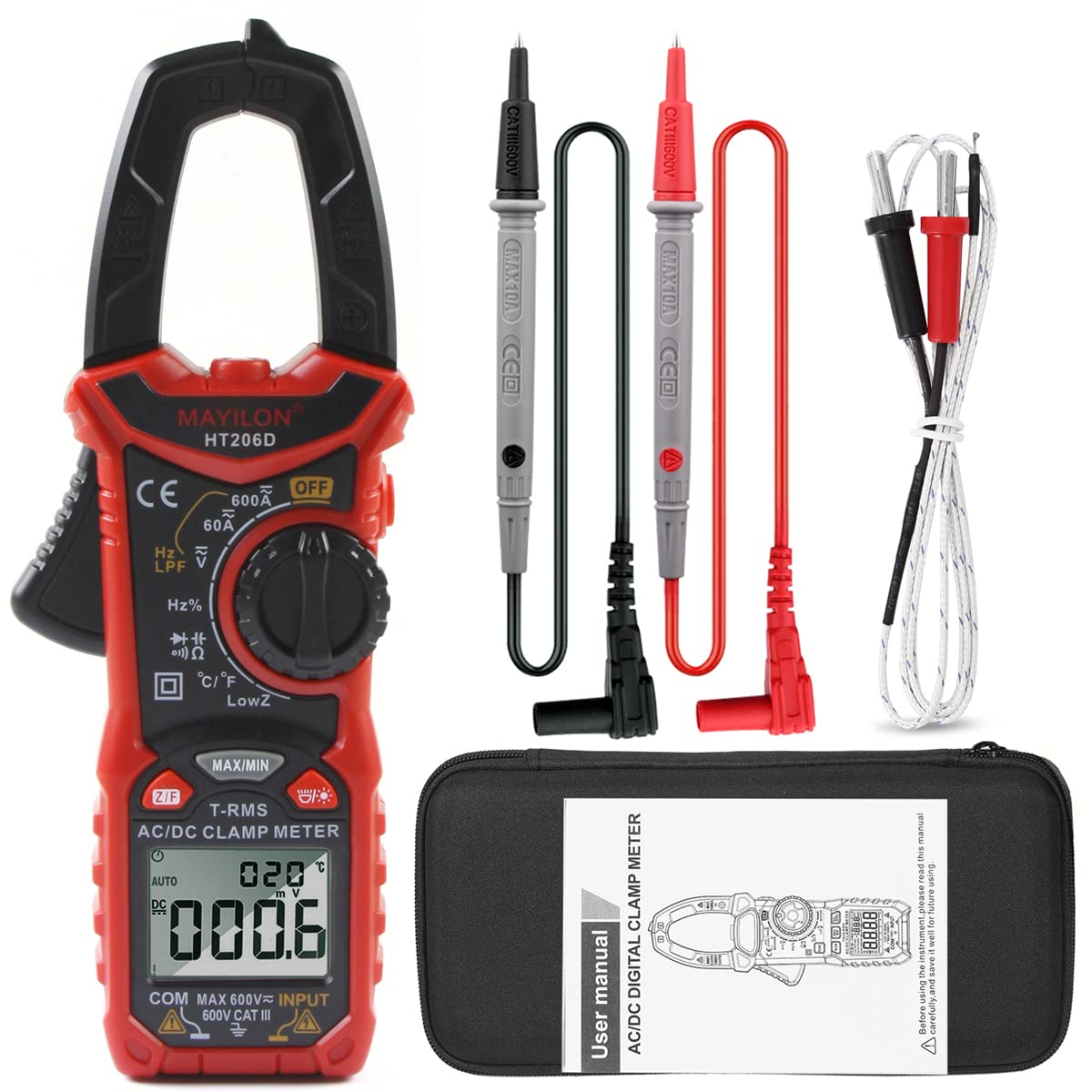 HT206D Multimetro Digitale, Pinza Amperometrica True RMS con Misura Temperatura e LowZ, NCV, LPF, AC/DC Tensione e Corrente, Frequenza, Resistenza, Capacità, Diodi, Continuità