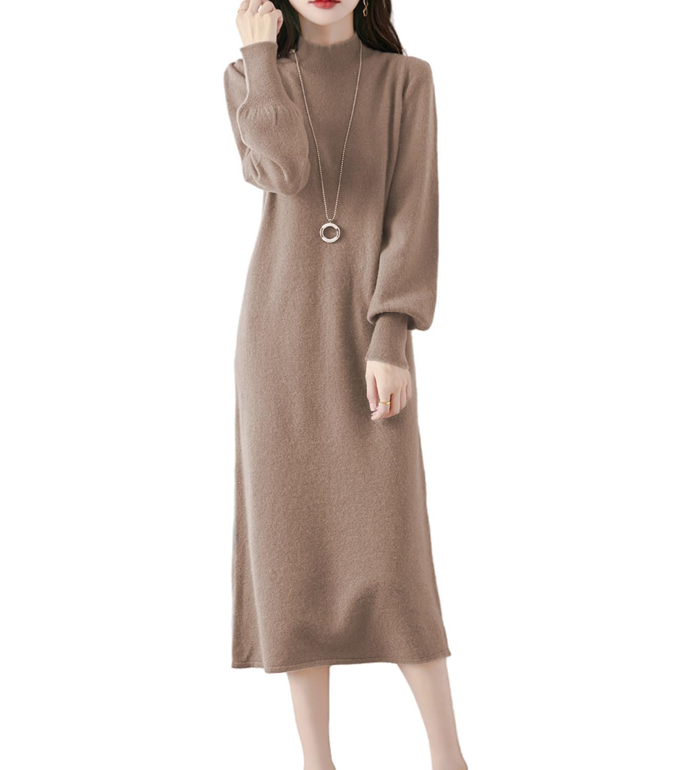 100 Merino Wool Sweater Dress Womens Mock Neck Lantern Sleeve Pullover Autumn Winter Knitted Long Dress