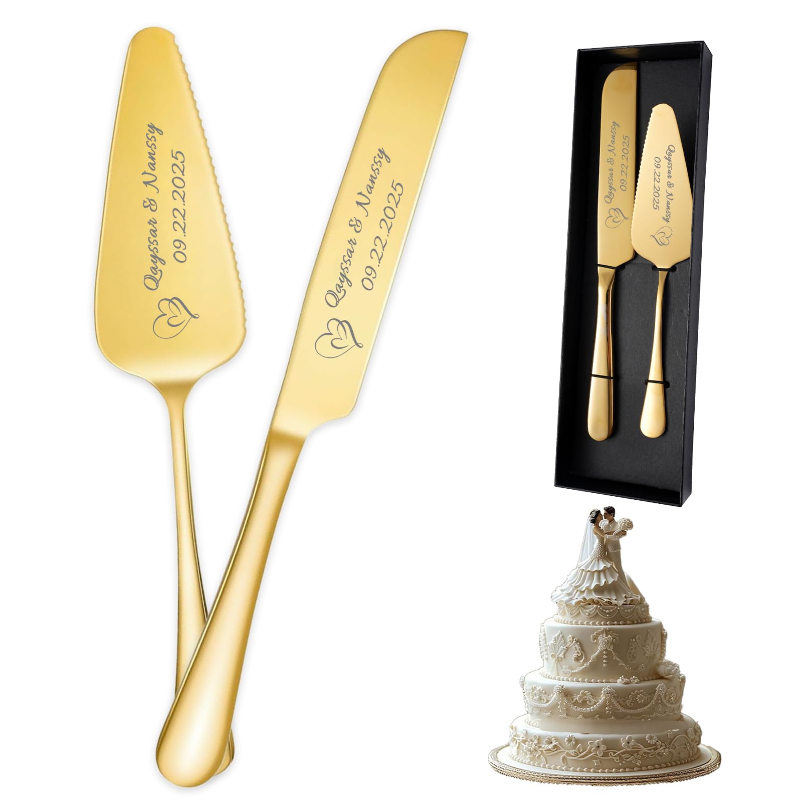 HJX Personalized Cake Knife and Server Set for Wedding - Engraved Stainless Steel Cake Cutting Set, Custom Elegant Cake Cutter Gift for Anniversary