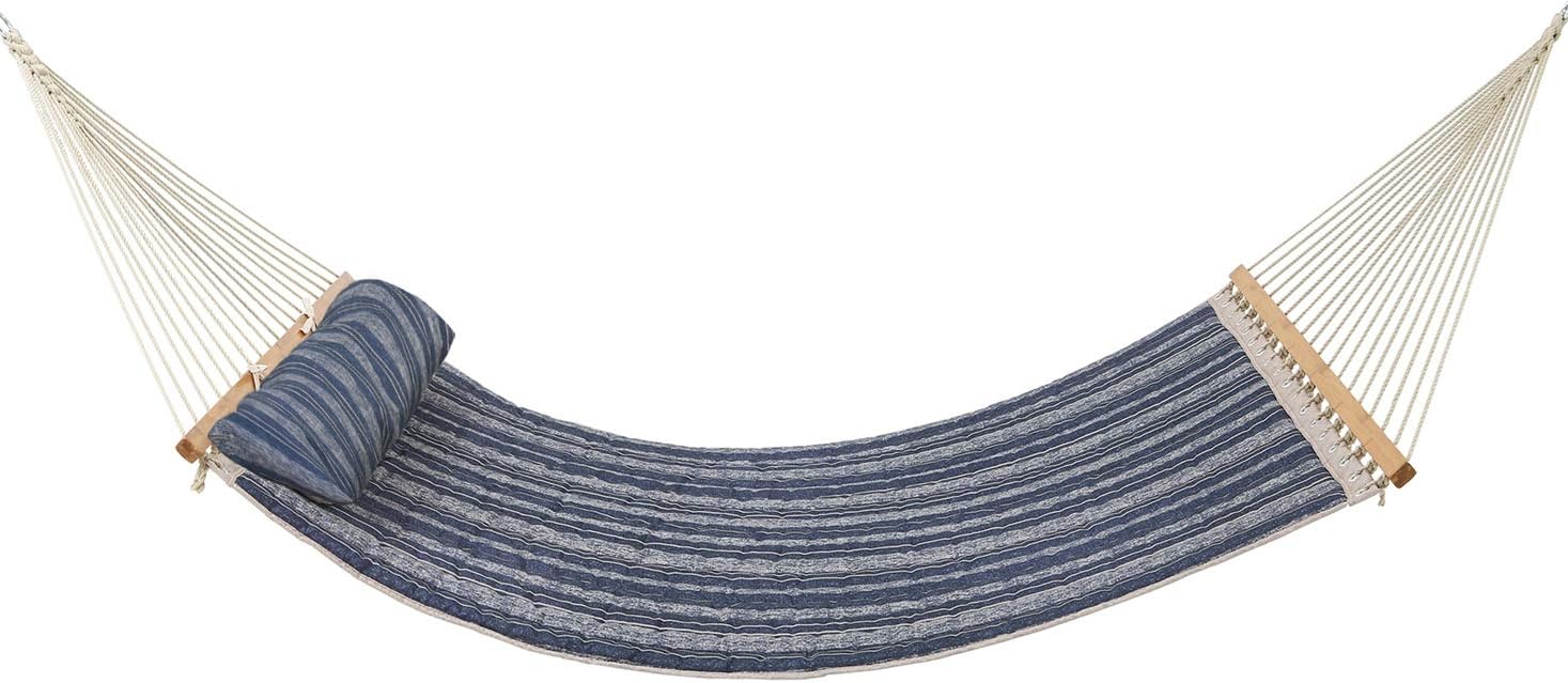 Patio Watcher 11 Feet Quilted Fabric Hammock with Pillow Double 2 Person Hammock with Bamboo Spreader Bars, Perfect for Outdoor Patio Yard Blue Stripes