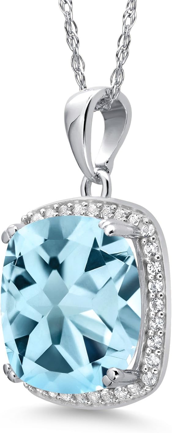 Gem Stone King Halo Pendant Necklace for Women | Solid 10K Gold | 12MM Cushion Cut Gemstone Birthstone and White Created Sapphire | Gold Necklace For Women | With 18 Inch Gold Chain