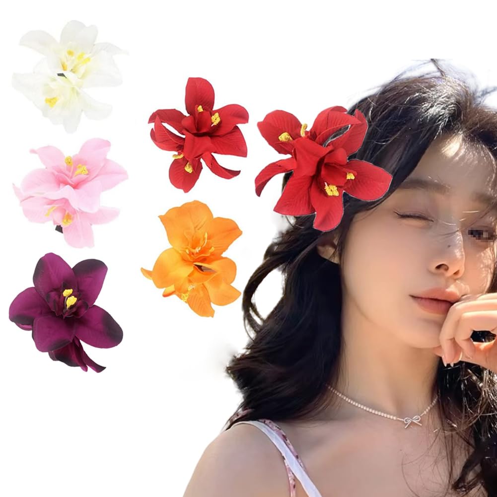 5Pcs Butterfly Orchid Hair Clips Bohemian Double Hawaiian Flowers Barrettes Hair Accessories for Women Wedding Party Holiday(Random Colors)