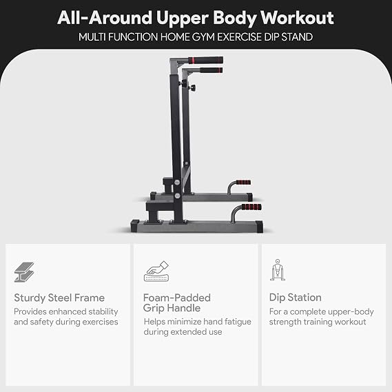 BalanceFrom Steel Frame Dip Station with Adjustable Height, 500 Pound Weight Capacity Upper Body Workout Home Gym Equipment for Triceps, Push & Pull Ups, Leg Raises, and Bench Press