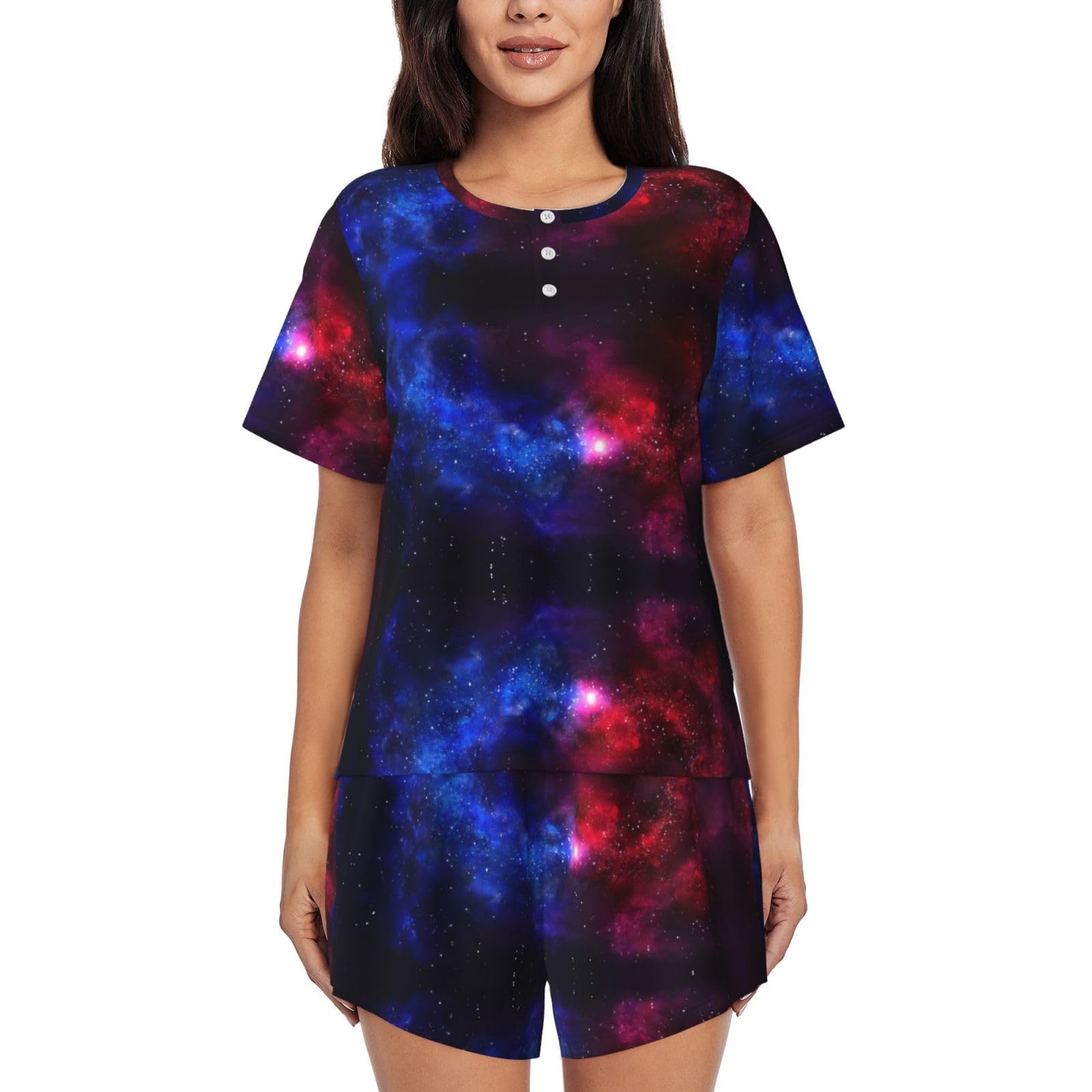 Conjunto de pijama de manga corta para mujer, pijama con estampado de galaxia roja y azul para otoño e invierno, ropa de descanso con botones, ropa casual