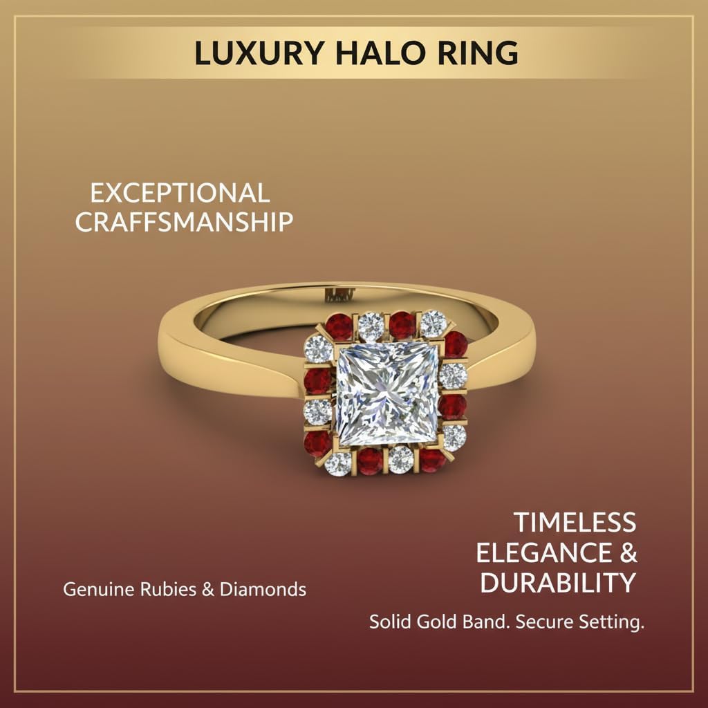 Choose Your Gemstone Floating Halo Diamond CZ Ring Yellow Gold Plated Princess Shape Halo Engagement Rings Everyday Jewelry Wedding Jewelry Handmade Gifts for Wife US Size 4 to 12