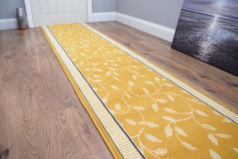 SrS Rugs® Luna Collection, Modern Long Carpet Runner Rug for Entrance Hall and Stairs. Smooth Soft 8mm Depth Pile. 70cm Wide (Border Leaf Gold, Length: 10' (305cm)) — image 1