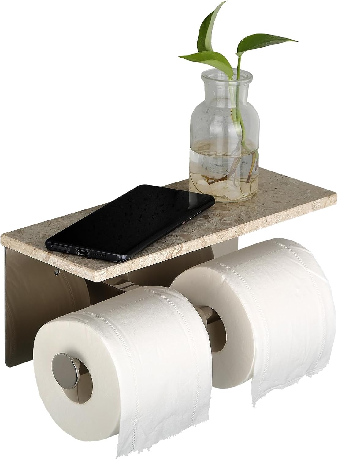 Koville Italian Marble Top Toilet Paper Holder, SUS304 Stainless Steel Wall Mounted Tissue Dual Roll Handle Holders for Washroom, Suitable for Mega Roll Rack Adhesive Shelf - Perlato Appia Marble