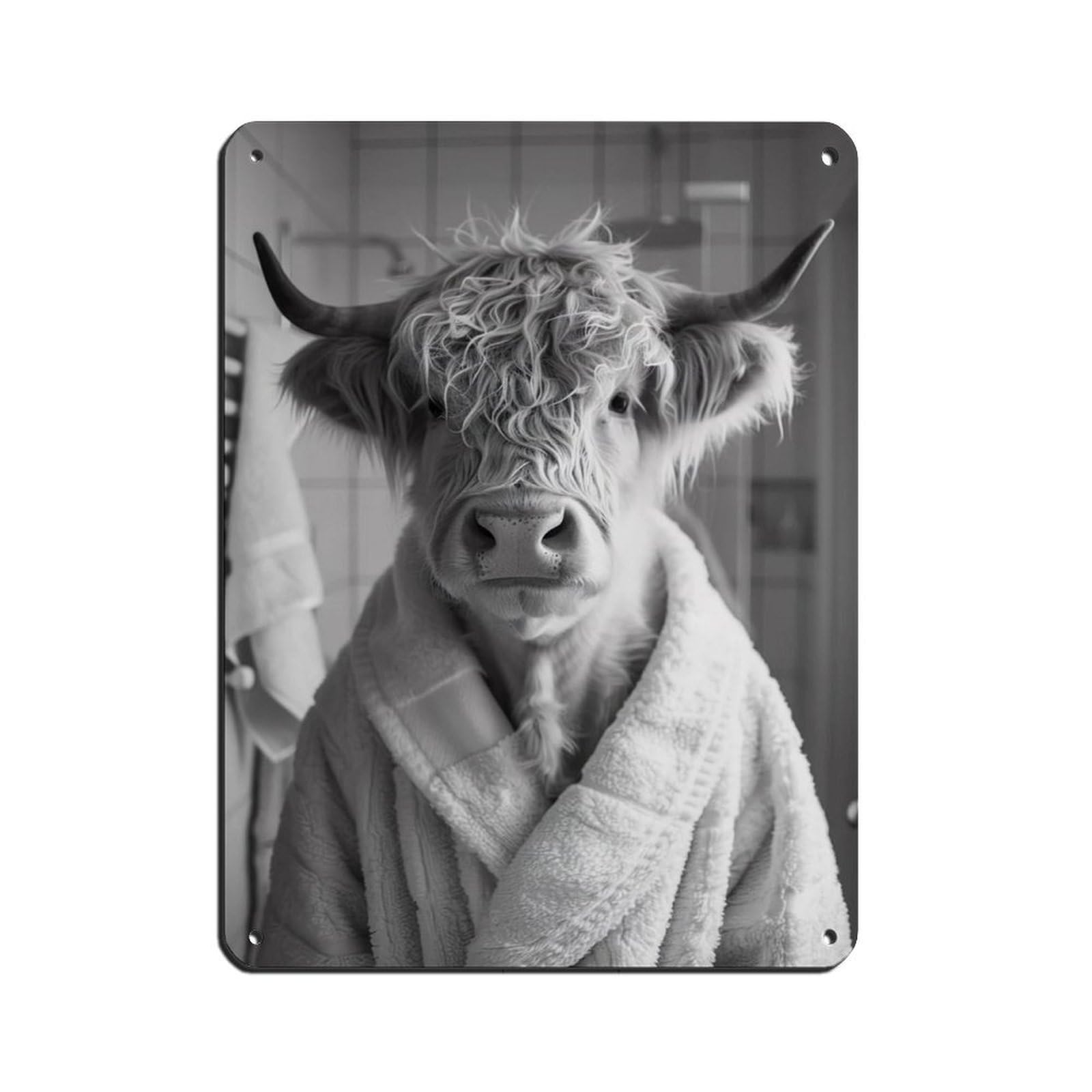 Highland Cow in A Bathrobe, Funny Bathroom Art (4) Retro Poster Metal Tin Sign Chic Art Retro Iron Painting Bar People Cave Cafe Family Garage Poster Wall Decoration 12x16inch(30x40cm)