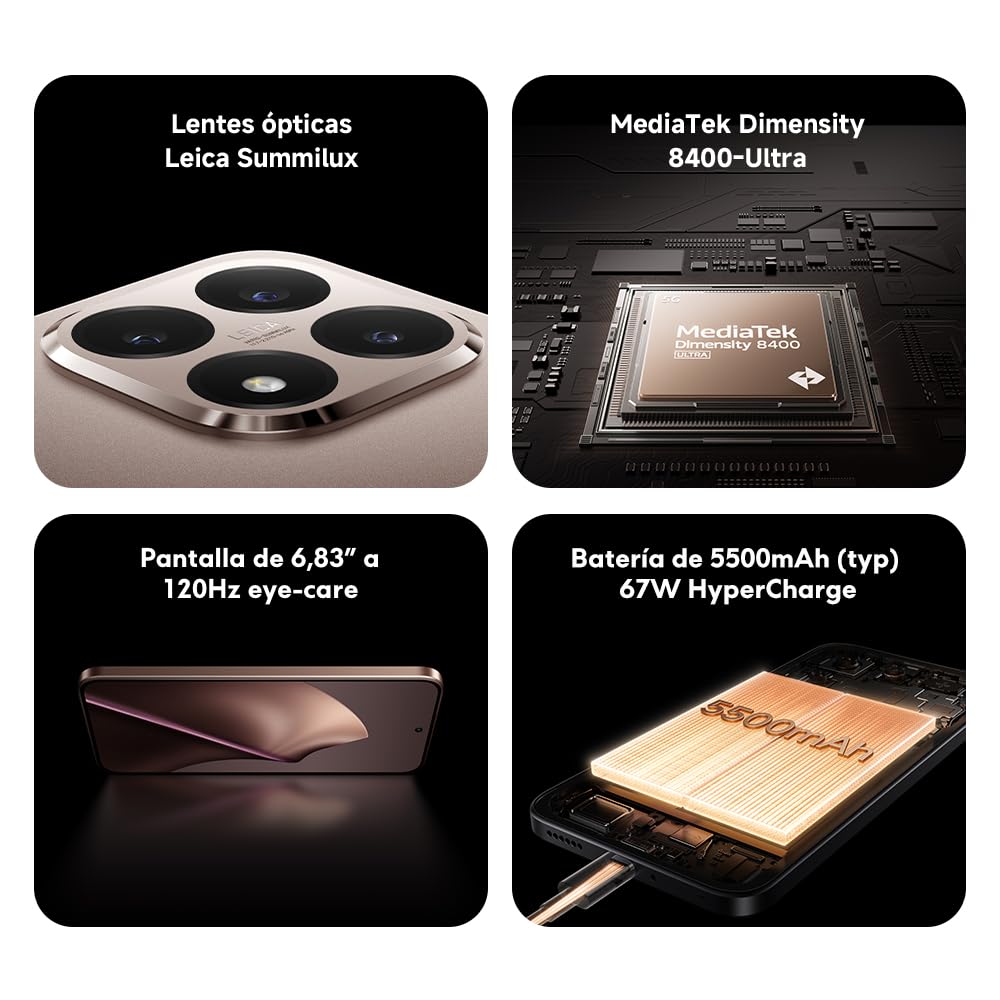 XIAOMI 15T Smartphone de 12+256GB Negro Lente óptica Leica Summilux | MediaTek Dimensity 8400-Ultra, Pantalla Eye Care de 6,83" 120 Hz, Batería de 5500 mAh, HyperCharge de 67W