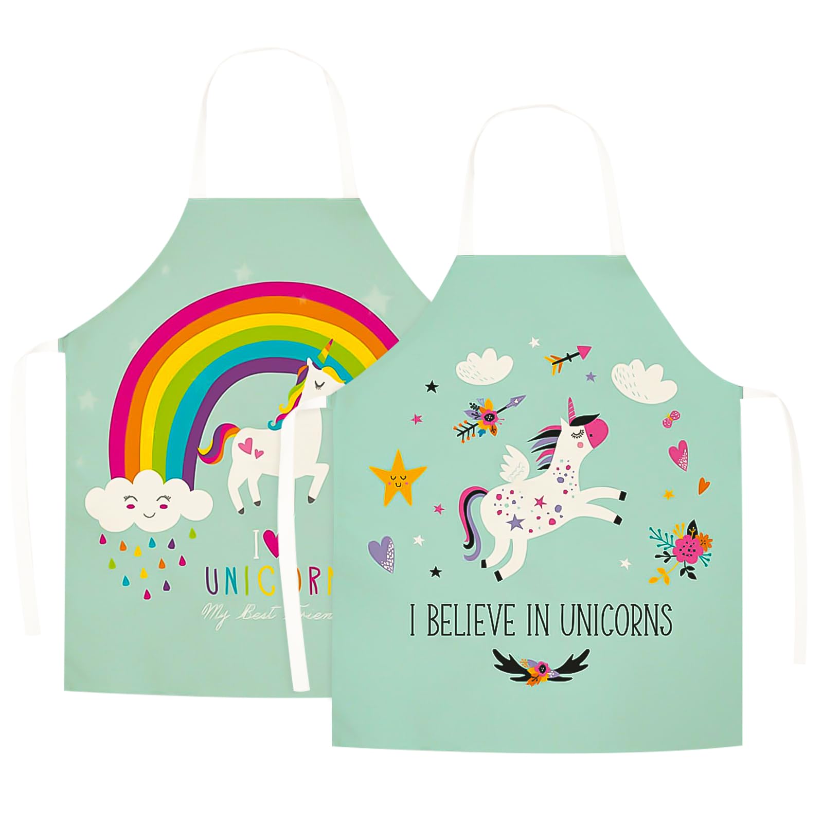 Wolepaz 2 Pcs Kids Aprons, Cartoon Style Adjustable Child Chef Aprons, Linen Unicorn Horse Aprons for Boys Girl's Kitchen Cooking Baking Painting Wear(Green)