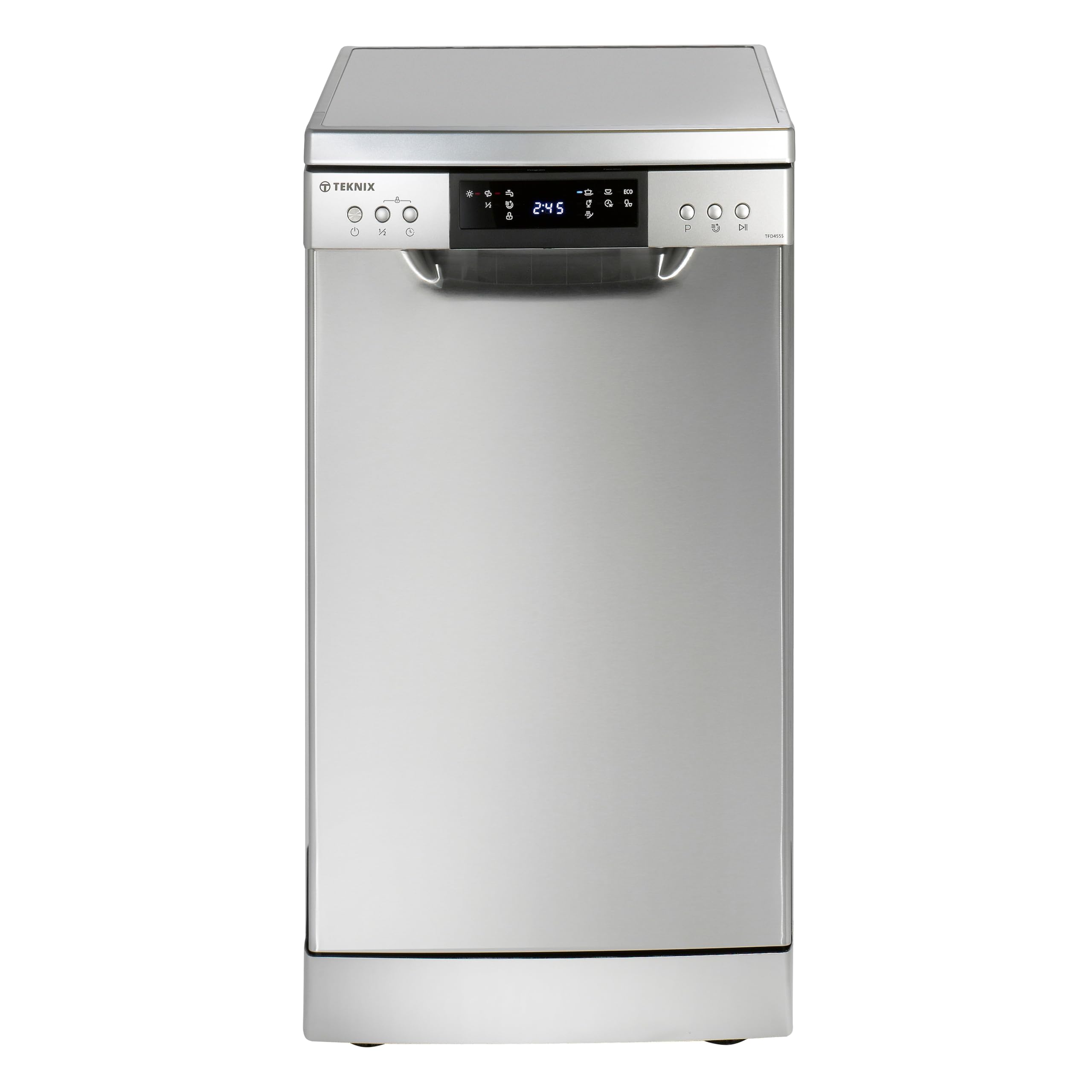 Teknix TFD455S Slimline Freestanding Dishwasher - 9 Place Settings - 30 Minute Rapid Clean - Extra Dry Function - Silver, H84.5 x W45.0 x D60.0 (cm) [Energy Class E]