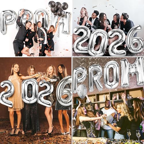 Image of Prom 2026 Balloons Silver 40 Inch Giant - Prom 2026 Decorations Decor for Graduation Party Foil Mylar Balloons Banner Sign