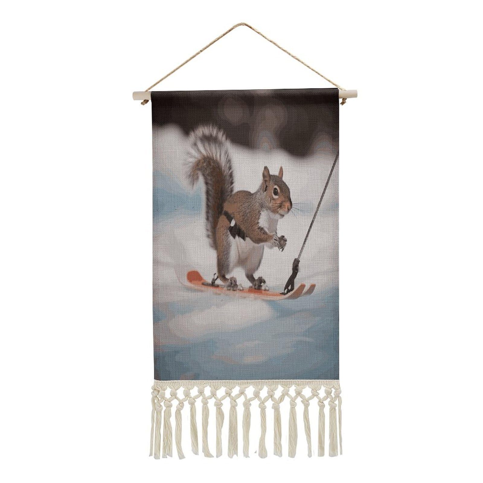 FekiLoot Skiing Squirrel Wall Art Print Decor Art Tapestry with Tassel Cotton Linen Hanging Poster Vintage Aesthetic Wall Art Poster Rustic Wall Art Decor for Home Bedroom Living Room Office