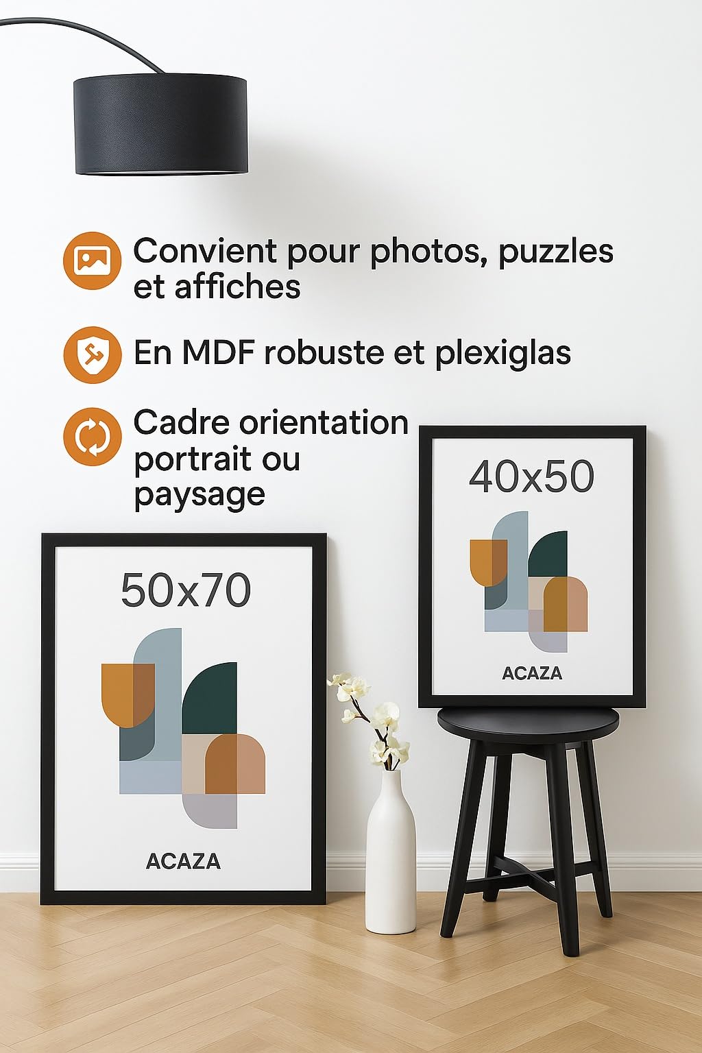 ACAZA Cadre 50x70 cm, Pour Puzzle 1000 pièces, Poster et Photo, En Bois et Verre Acrylic, Décoration Murale, Portrait et Paysage, Noir