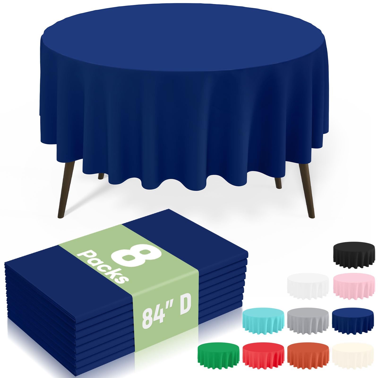 misaya 8 Packs Disposable Plastic Table Cloth, 84" Round Waterproof Tablecloth, Leakproof &amp; Sturdy Decorative Table Covers for Picnic, Party, Outdoor and Back to School, Navy