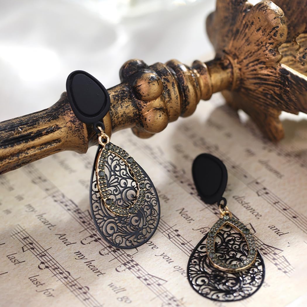 Black Filigree Teardrop Clip On Earrings for Women, Dainty Hollow Cubic Zirconia Waterdrop Dangle Statement Earrings Trendy Non Pierced Jewelry