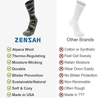 Zensah Alpaca Wool Camo Socks - Made in USA, Thermal Warm Crew Length Sock for Cold Winter Weather, Hiking, Men and Women