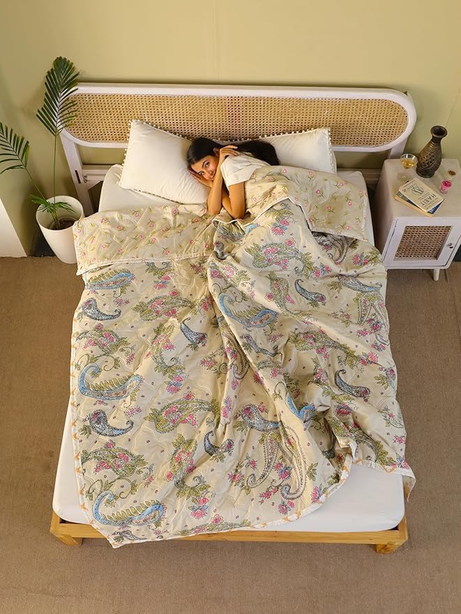 Summer Blanket 100% Cotton Reversible Ac Comforter and Cooling | Classic Printed Design | Quilt | Dohar Single/Double Bed Quilt Ideal for Gifting (Curry Floral Design, Single BE)