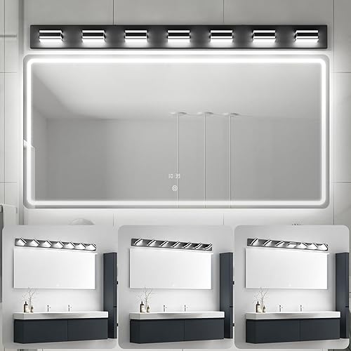Miniatura 5 de Ralbay Lámpara de tocador negra de 55 pulgadas para baño, 7 luces, LED, moderna, acrílico, mate, negro, accesorios de iluminación sobre espejo