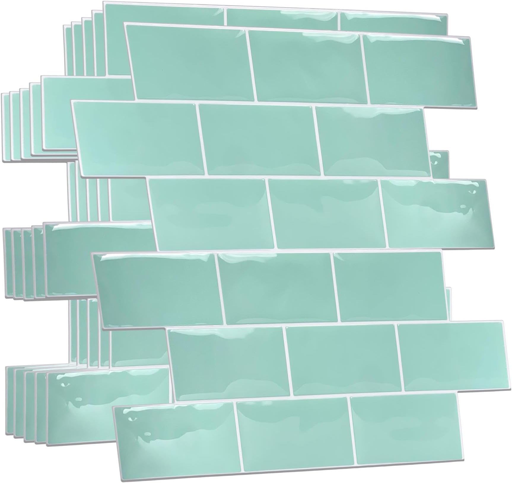 3D Tile Stickers Peel and Stick Backsplash Splashback Decals Tile Transfer for Kitchen Bathroom Living Room Stick on Tile Waterproof Capri Sea Metro Subway 100 Sheets 15.4x30.5cm Green