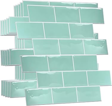 WALPLUS 20-Sheets Kitchen Backsplash Peel and Stick Wall Tiles for Bathroom 12" x 6" Removable Green Glossy Stick-On Backsplash