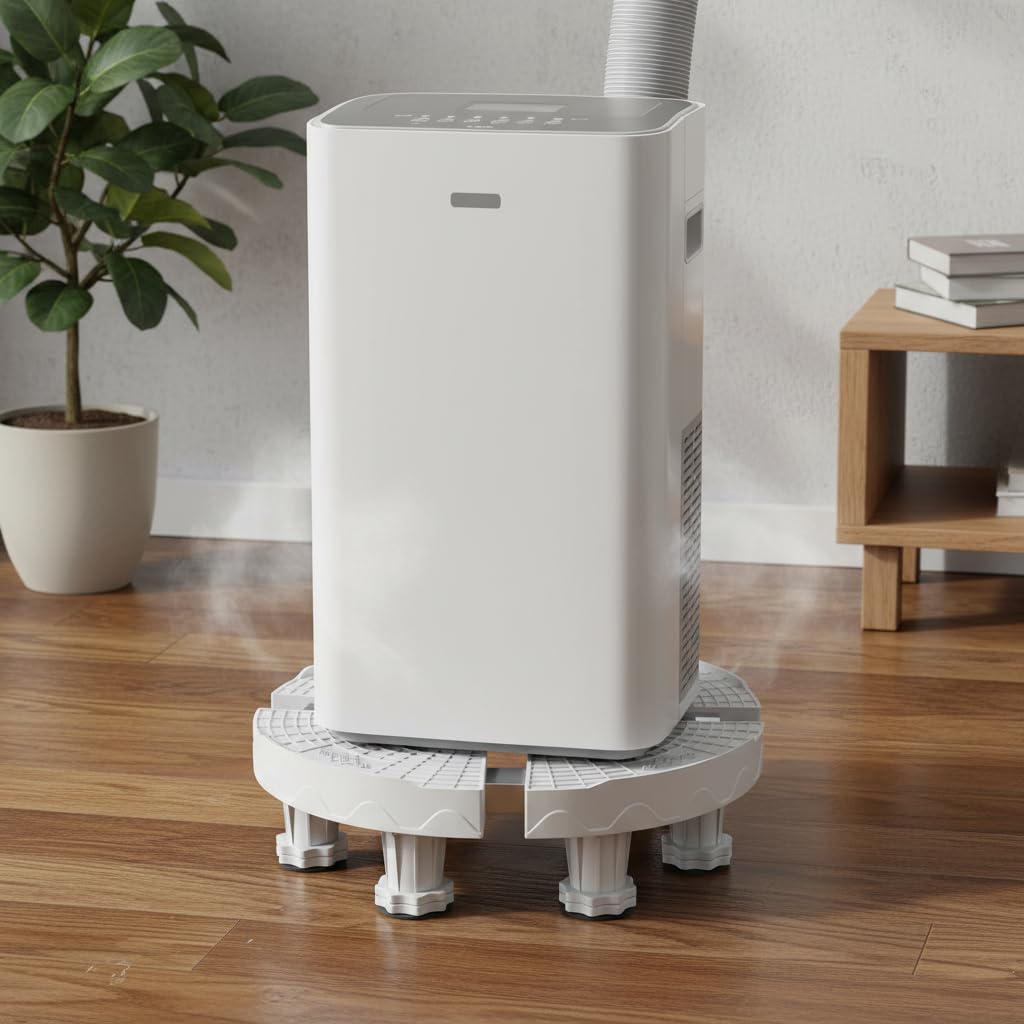 Supporto Regolabile per Condizionatore , Base rotonda bianca 4 ruote mobili | Plastica resistente, Supporto , Sotto elettrodomestici, Per tecnici