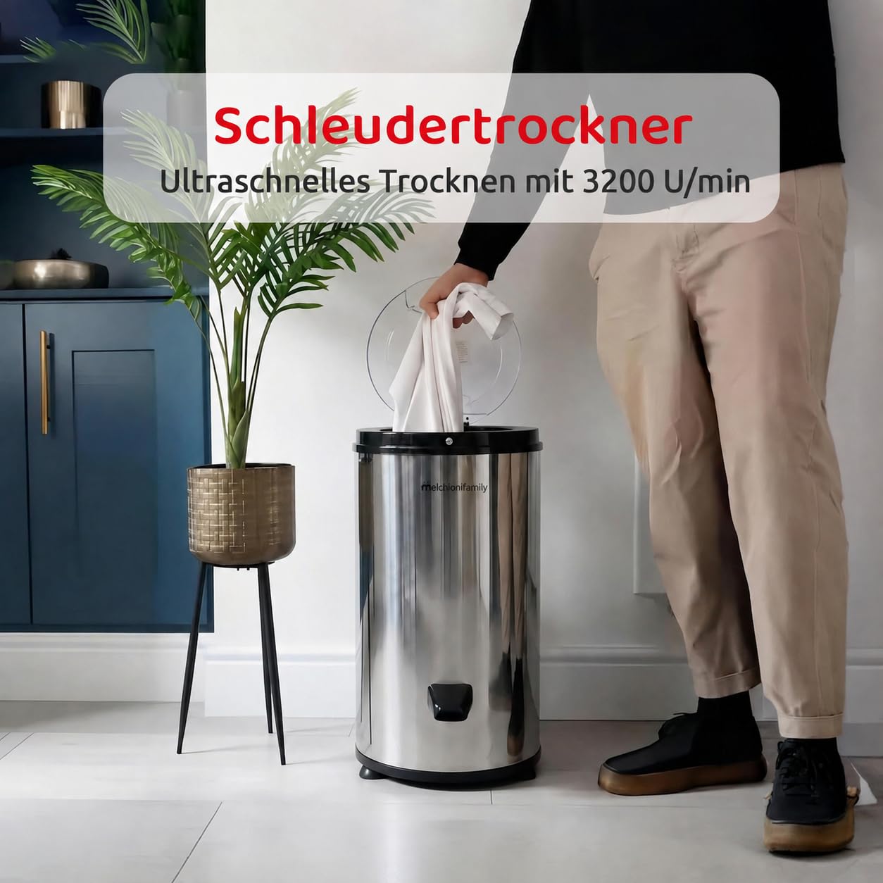 Melchioni Family Vertigo Wäscheschleuder 3200 U/min, Wäschetrockner mit Außenmaterial aus Edelstahl, Tragbarer Wäschetrockner Fassungsvermögen 6 kg
