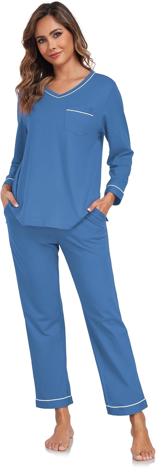 EA'S SECRET 100% Cotton Pajamas for Women Long Sleeve Long Pants Pjs 2 Piece V Neck Pullover Loungewear with Pocket