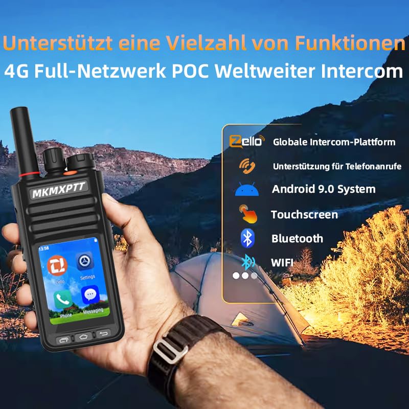 Globales HD Walkie-Talkie, 6,1 cm TFT Touchscreen, Android 9.0, WLAN, Bluetooth, GPS, 2G/3G/4G Unterstützung