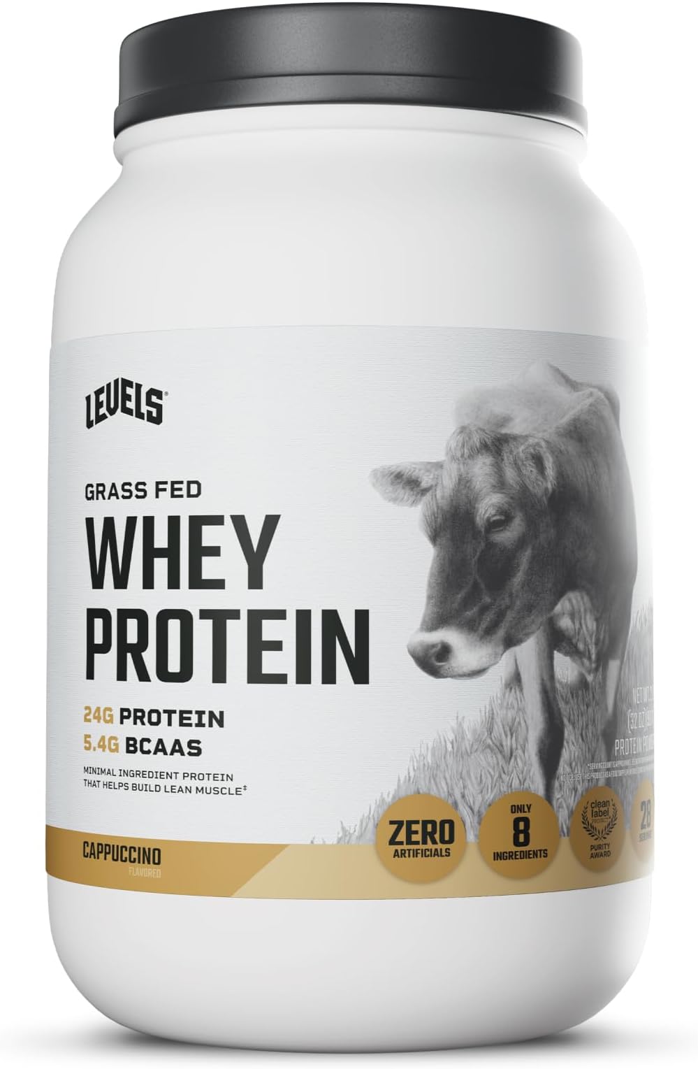Levels Nutrition Grass Fed 100% Whey Protein, No Hormones, Cappuccino, 2LB