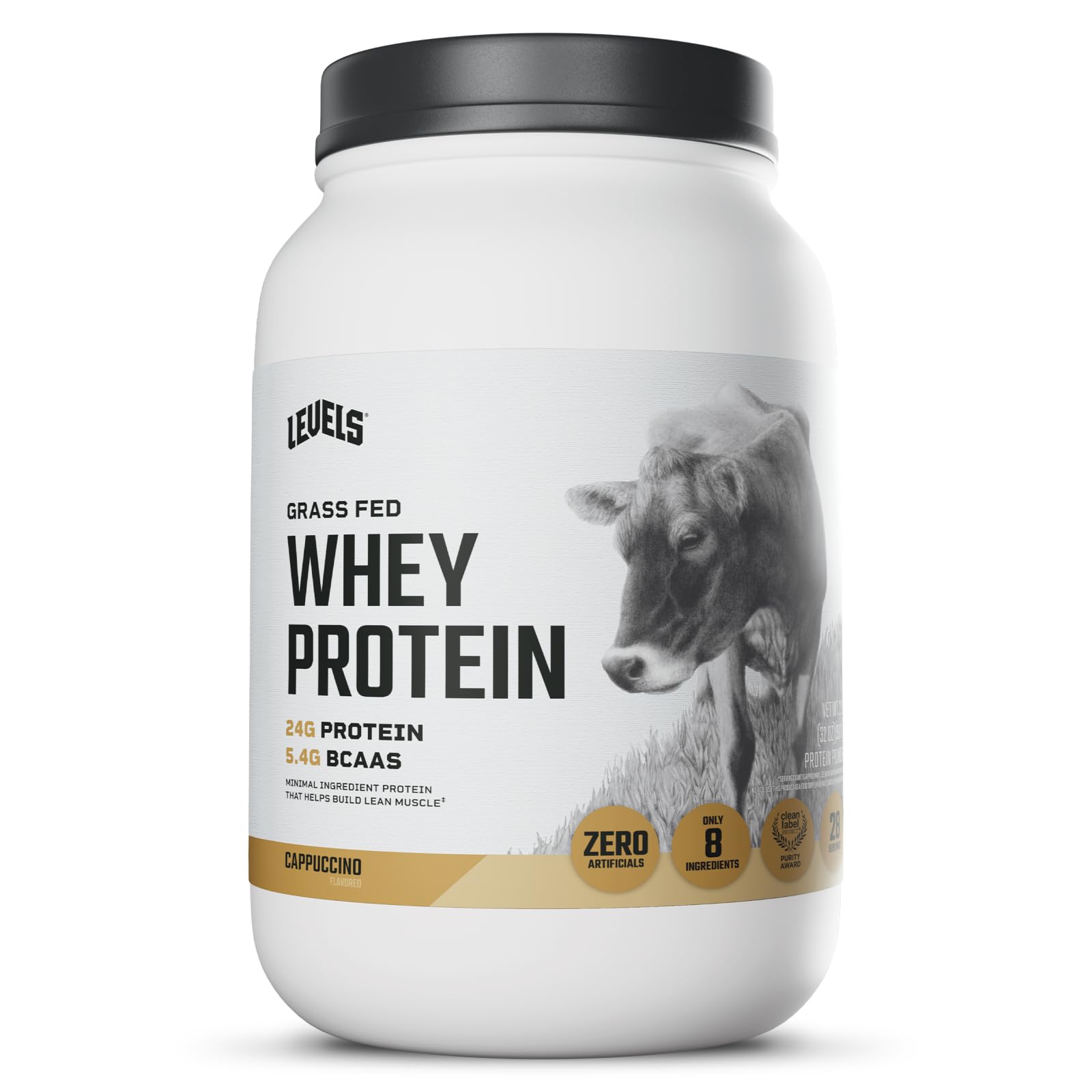 Levels Grass Fed Whey Protein Powder, No Artificials, 24G of Protein, Cappuccino, 2LB