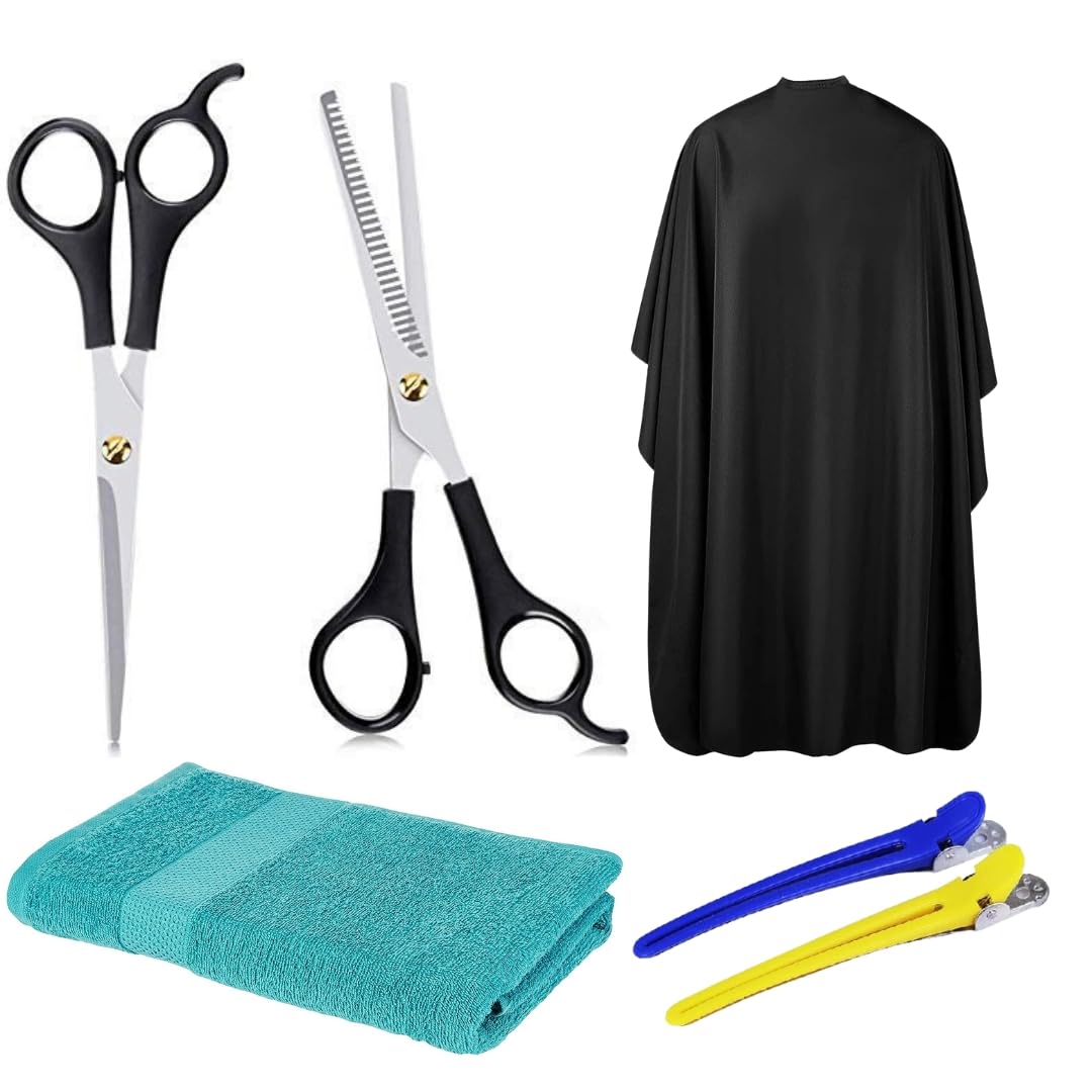 GutarGoo® 6 In1 Barbar Hair Cutting Scissor Thinning Scissors Hair Cut Cape/Apron Hand Towel Clips For Hair Cutting-image-9