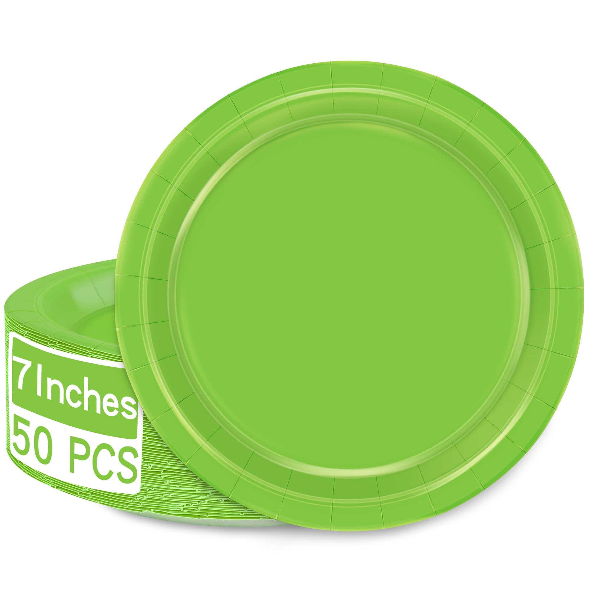 QZYL 50 PCS Disposable Plates Lime Green, 7" Bulk Paper Plates, Dessert Plates Disposable, Heavy Duty Paper Plates, Party Dinnerware for Green Party