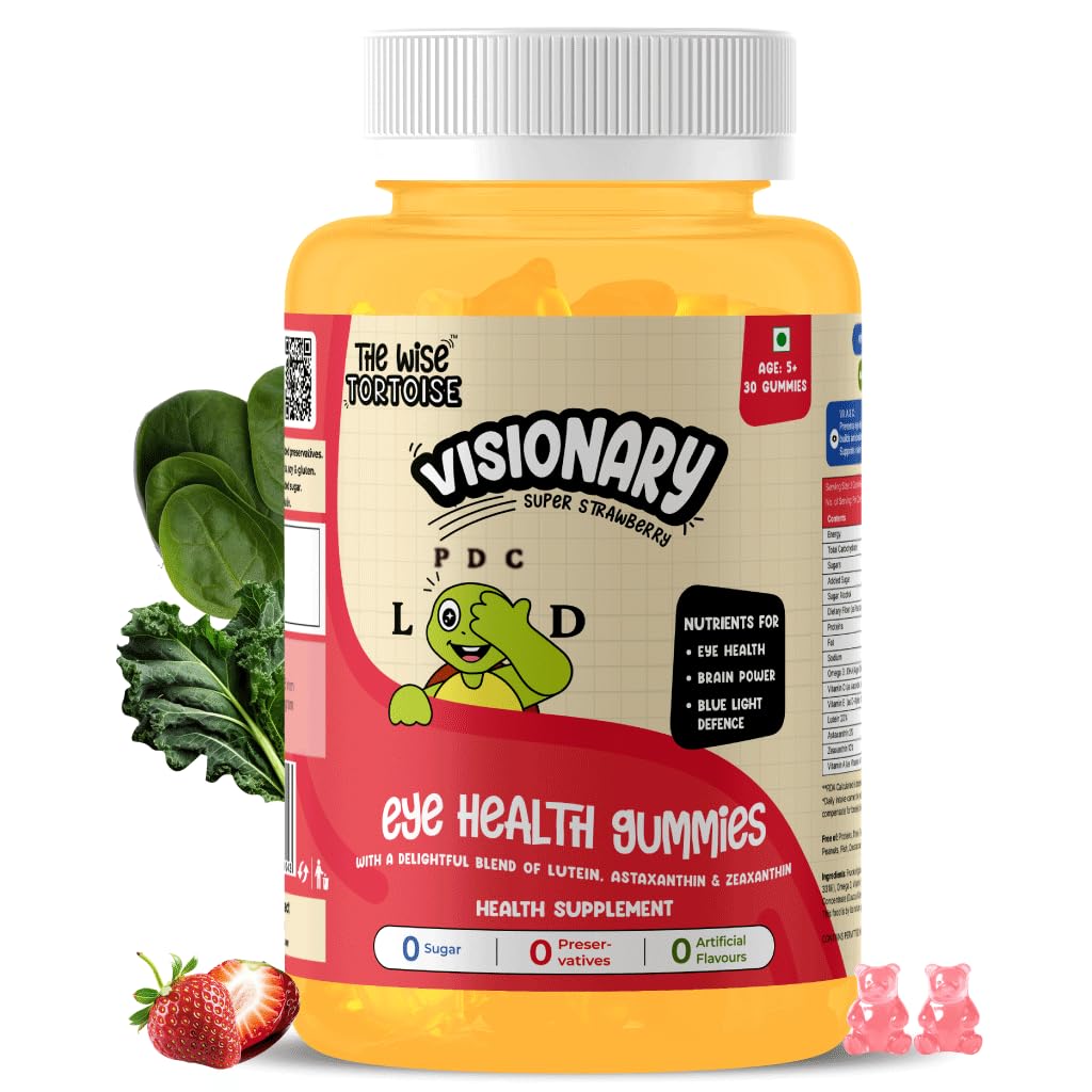 Visionary Eye & Brain Health Gummies for Kids (5–15 Yrs) | 0 Sugar | Lutein + DHA + Prebiotic for Daily Focus, Vision & Gut Health | 30 Gummies | Natural Super Strawberry Flavour | The Wise Tortoise